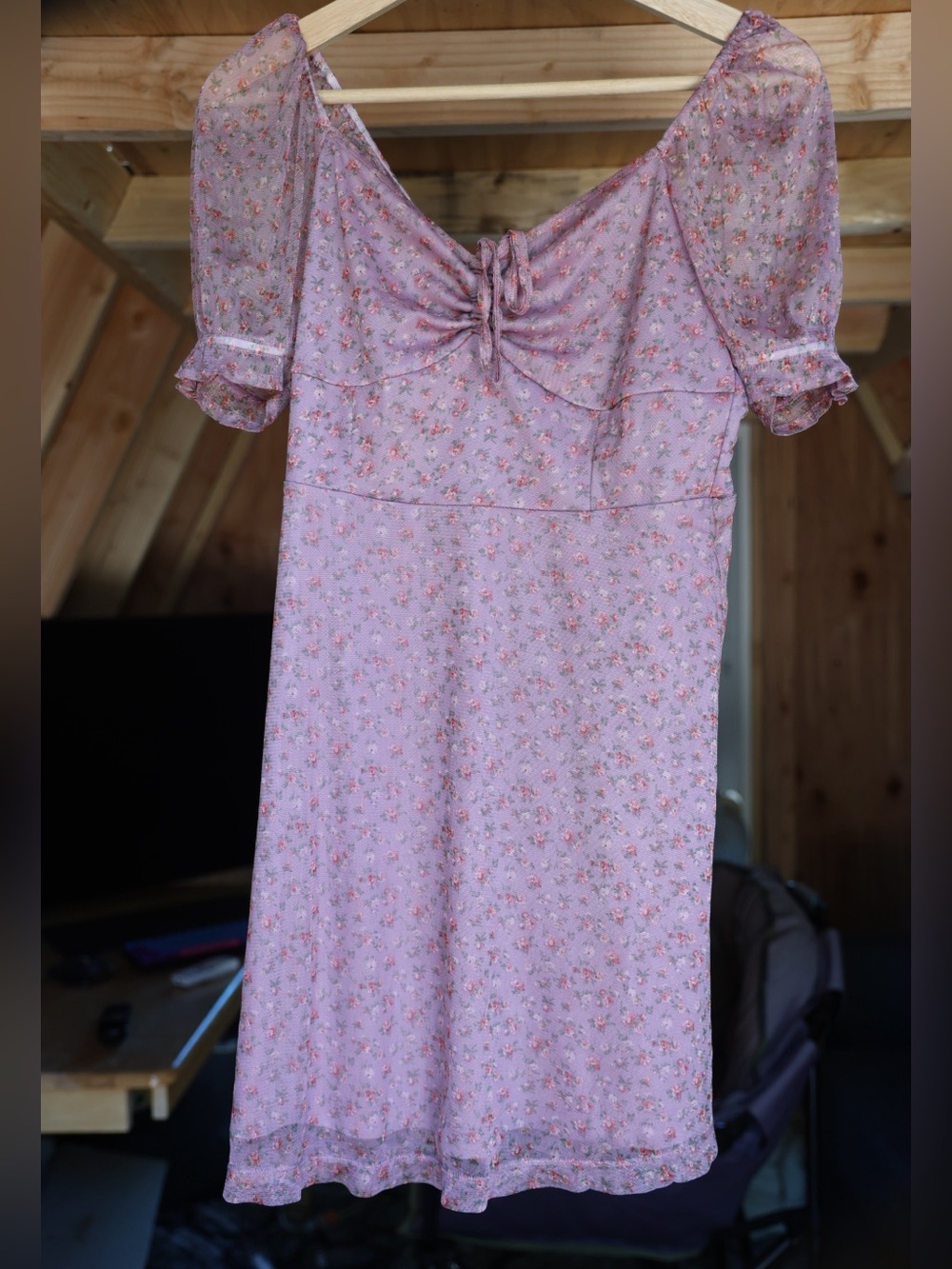 American Eagle Lavender Floral Mesh Mini Dress Cottagecore Puff Sleeve Smocked